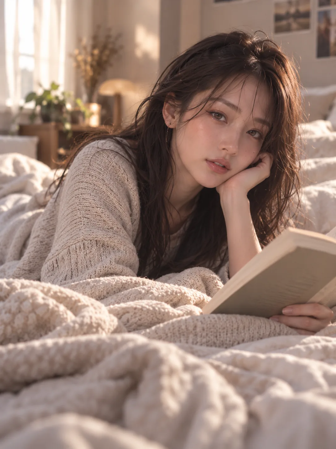 AI 角色小棠,在窗邊翻開一本書